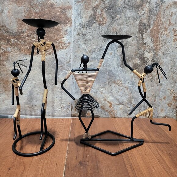 Black Wrought Iron Rattan Mother Child Dancing Man Woman Figure Candle Holder
